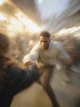 A man gets into a fighting stance, surrounded by dynamic movement and a background filled with