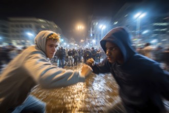 Two men in hoodies are facing each other fighting on a rainy street, while a crowd of people can be
