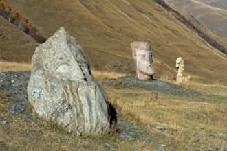 Stone sculptures in the open-air exhibition Stone Heads of Sno by sculptor Merab Piranishvili,