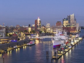 Aerial view of the Landungsbrücken Hamburg (Jan-Fedder-Promenade) at blue hour with Elbe, Cap San