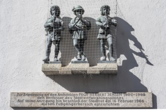 Sculptures in the Karlstor in memory of Prof Herbert Jensen, 1900 to 1968, Munich, Bavaria, Germany