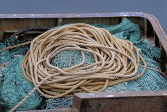 Rope and nets in a fishing boat, England, Great Britain