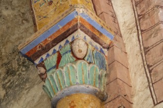 Compains, carved capital, Saint Georges church, Auvergne Volcanoes Regional Park, Cezallier region,