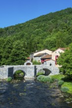 Stone bridge over the Pavin couze river flowing through the village of Saurier, Puy de Dome.