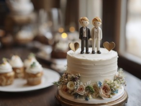 Wedding cake with male bride and groom topper and floral decoration, symbolic image for same-sex