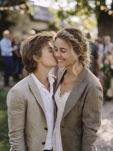 A same-sex couple in a suit, one kissing the other on the cheek, surrounded by guests outdoors,