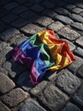 A rainbow flag lies on cobblestones in the sun, surrounded by shadows, symbolising equality,