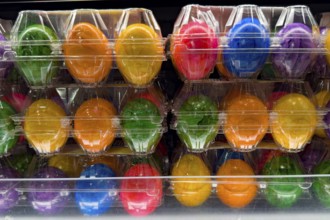 Colourful dyed hard-boiled eggs Easter eggs in plastic blister packs for year-round retail sale,