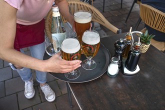 Waitress brings drinks in a garden restaurant, Munich, Bavaria, Germany
