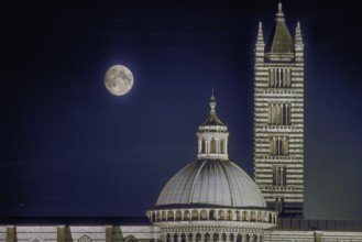 Night shot with full moon of the cathedral of Siena, Siena, Tuscany, Italy