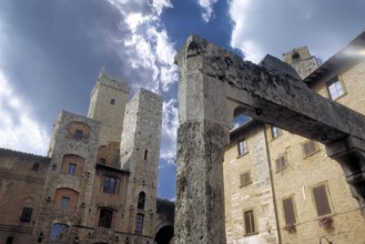View of the towers, market square, San Gimignano, Tuscany, Italy