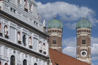 Towers of the Church of Our Lady in Munich, St Michael's Church on the left, Munich, Bavaria,