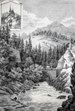 Bridge over the Anterior Rhine near Disentis in 1890, Graubünden, Switzerland, Historic, authentic,