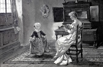 The little sister's first dance lesson, Young woman playing a mandolin, girl practising her first