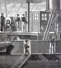 Scene on a ship, sailors ready to sound, plumb, measure sea depth, 1880, Historical, authentic,