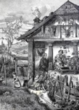 Easter in the forester's house, family idyll, parents and children, child looking for Easter eggs,