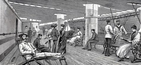 Pictures of a luxurious ocean fast steamer around 1890, promenade deck, ship Columbia of the