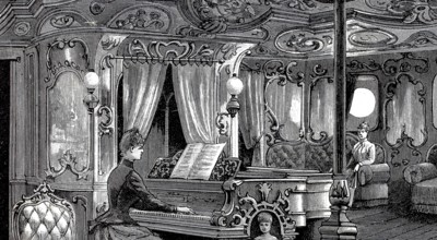 Pictures of a luxurious ocean fast steamer around 1890, music hall, ship Columbia of the