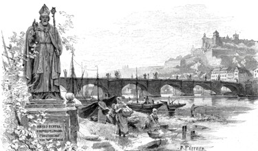 The old Main bridge in Würzburg around 1890, Lower Franconia, Bavaria, Germany, Historical,
