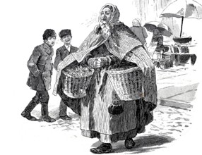 Pretzel seller, baker's woman with two baskets of fresh pretzels at the market, 1880, Germany,