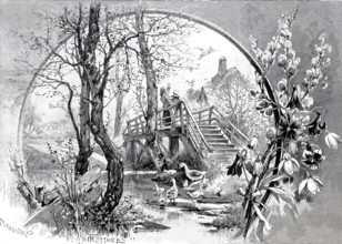 Symbolic photo for spring, with blossoms, ducks and two children standing on a wooden bridge,