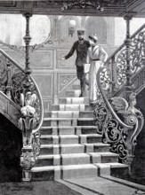 Pictures of a luxurious ocean fast steamer around 1890, stairs to the halls, ship Columbia of the