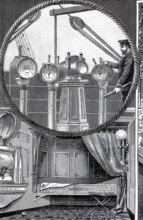 Pictures of a luxurious ocean fast steamer around 1890, command bridge, ship Columbia of the
