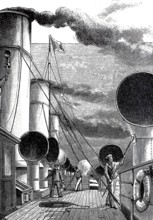 Pictures of a luxurious ocean fast steamer around 1890, ventilators and exhaust stacks on deck,