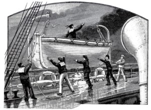 Pictures of a luxurious ocean fast steamer around 1890, lifeboat ready for launching, ship Columbia