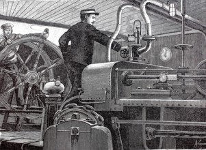 Pictures of a luxurious ocean fast steamer around 1890, steam steering apparatus, ship Columbia of