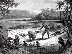 Rescue of Captain Nelson and the survivors in the famine camp by Henry Morton Stanley, Africa,