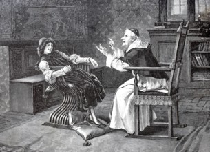 Priest tries to teach the pupil something, he is unteachable, Education, School, 1890, Historical,