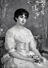 Spring dream, young girl with a bouquet of flowers on her lap, dreamy, melancholic mood, after a