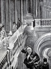 On the way to the gallery, fat man carrying a small child up the stairs and sweating, 1880,