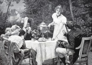 Distinguished company at a coffee table in the garden, 1890, Historical, authentic, digitally
