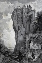 Prunn Castle in Schlossprunn on a steeply sloping limestone cliff from the Jurassic period, 1890,