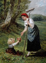 Mother's Day, little girl gives her mother a bouquet of flowers, field work with wooden rake,