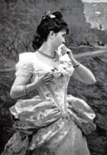 The last greeting, young woman looks sadly after her lover, who is travelling on horseback.