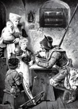 Hungry guest, quartered lansquenet eating in the farmhouse, tells the children history. One of the
