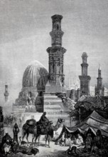 Merchants camp in front of the Caliph Tombs in Cairo in 1880, Egypt, Historical, authentic,