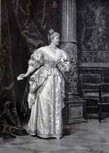 Secret correspondence, distinguished lady passes a letter secretly through a curtain to the back,