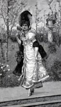 Elegant young lady walking through the park, around 1800, Historical, authentic, digitally restored