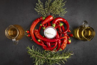 Hot red peppers with vinegar, oil, salt and herbs on a black background