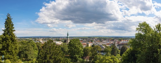 Panorama over Baden with church tower under cloudy sky, Baden, Lower Austria, Austria