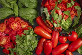 Pan and plate with sliced tomatoes and basil leaves, surrounded by fresh vegetables
