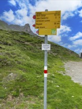 Information board Sign with arrow-shaped signpost at the top of the Splügenpass Passo dello Spluga