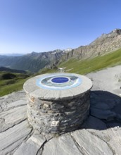 Front orientation board on stone plinth at viewpoint on third highest asphalted pass in the Alps