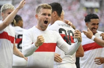 Goal celebration Maximilian Mittelstädt VfB Stuttgart (07) Gesture Gesture Bundesliga, MHPArena,