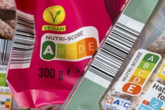 Vegan product with Nutri-Score on pink packaging, Baden-Württemberg, Germany