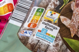 Food packaging with Nutri-Score and farming method label, Baden-Württemberg, Germany